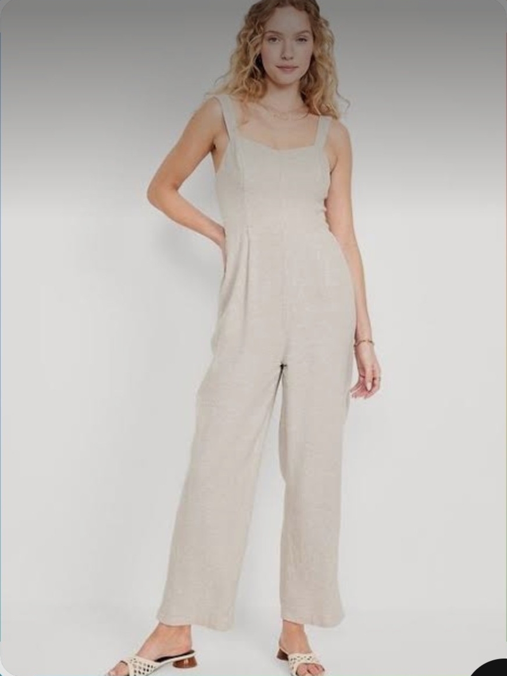 Old Navy Fit & Flare Linen-Blend Jumpsuit Natural Beige Large Petite